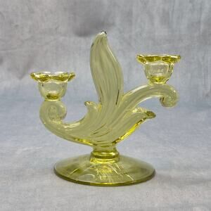 Duncan & Miller Canterbury Green Vaseline Glass Double Candlestick Holder Vtg